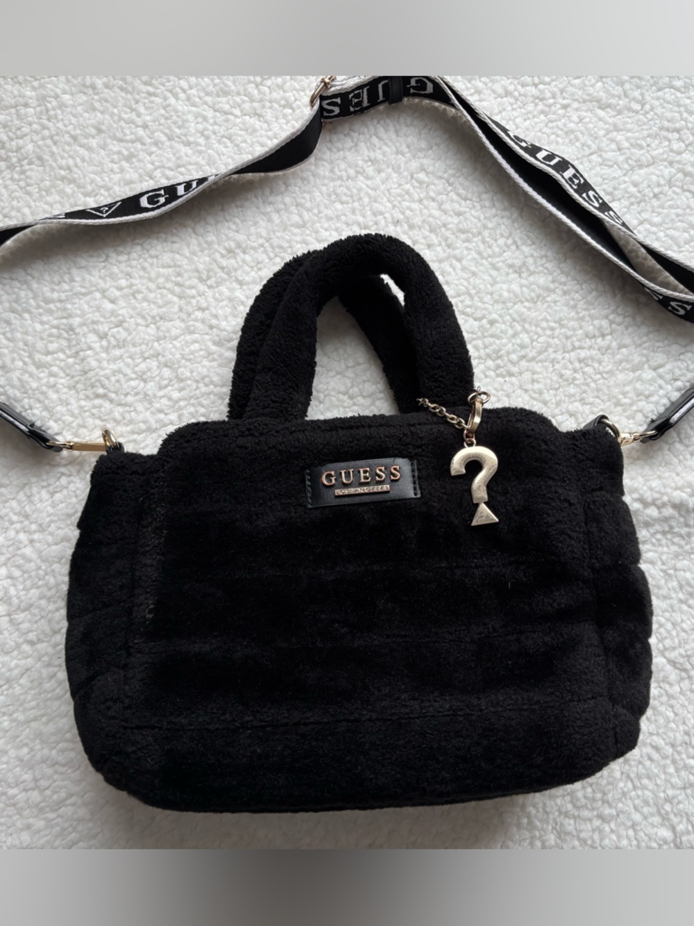 GUESS Black Plush Faux Fur Crossbody Logo Strap Question Mark Charm Tote Bag